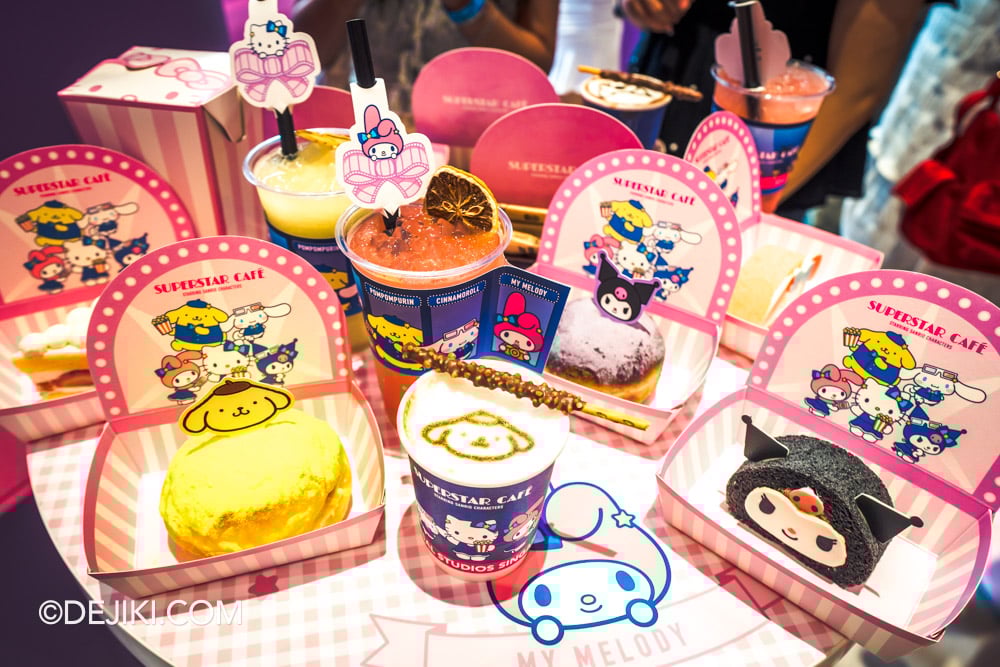 Universal Studios Singapore 2026 Sanrio Superstar Cafe tasting display of bombolone swiss rolls and drinks Universal Studios Singapore 2026 Sanrio Superstar Cafe tasting display of bombolone swiss rolls and drinks