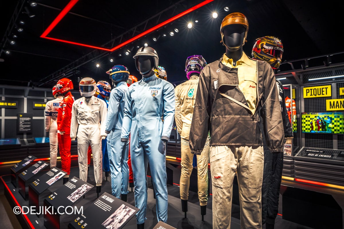 F1 The Exhibition Singapore - 6 Drivers and Duels suits overview historic F1 The Exhibition Singapore 6 Drivers and Duels suits overview historic