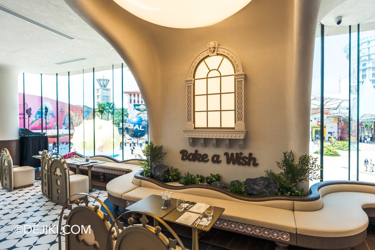 POP BAKERY Singapore at Resorts World Sentosa - Cafe Dining Area with Bake A Wish Photo Spot and Windows facing Universal Studios Singapore Bake A Wish photo spot beside the POP BAKERY windows, looking out towards Universal Studios Singapore