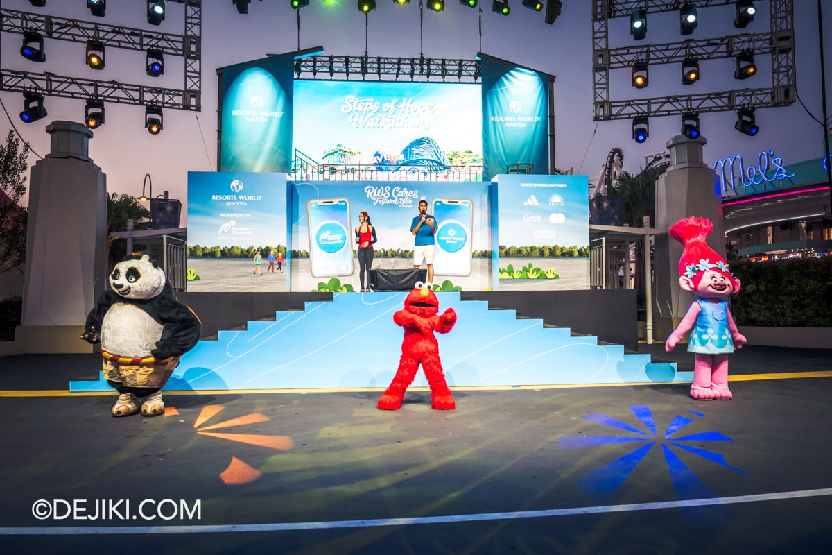 RWS Cares Festival Steps of Hope Walkathon 02 Pre Event Hype Up with DJs Joakim and Sonia and Kung Fu Panda Po Elmo and Poppy at Universal Studios Singapore