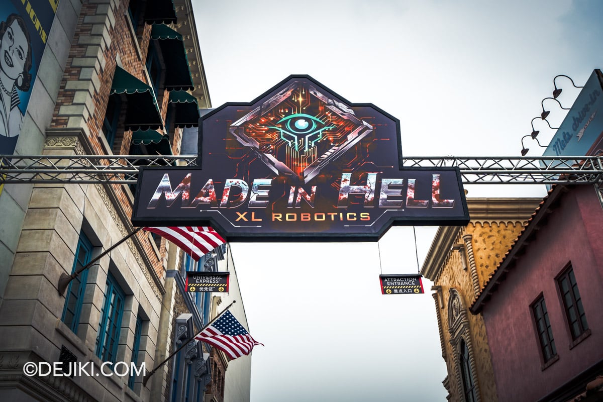 USS Halloween Horror Nights 14 Before Dark 2 - Made In Hell XL Robotics haunted house queue entrance sign closeup USS Halloween Horror Nights 14 Before Dark 2 Made In Hell XL Robotics haunted house queue entrance sign closeup